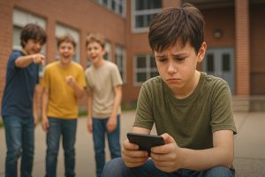 cyberbullismo, adolescente con smartphone, bambino, bullismo, dipendenza da social